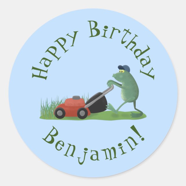 Funny green frog mowing lawn cartoon classic round sticker (Front)
