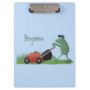 Funny green frog mowing lawn cartoon clipboard