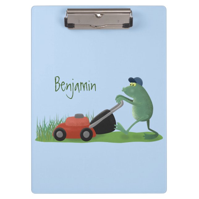 Funny green frog mowing lawn cartoon clipboard (Front)