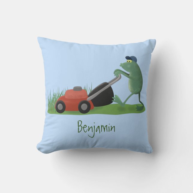 Funny green frog mowing lawn cartoon cushion (Front)