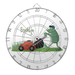 Funny green frog mowing lawn cartoon dartboard