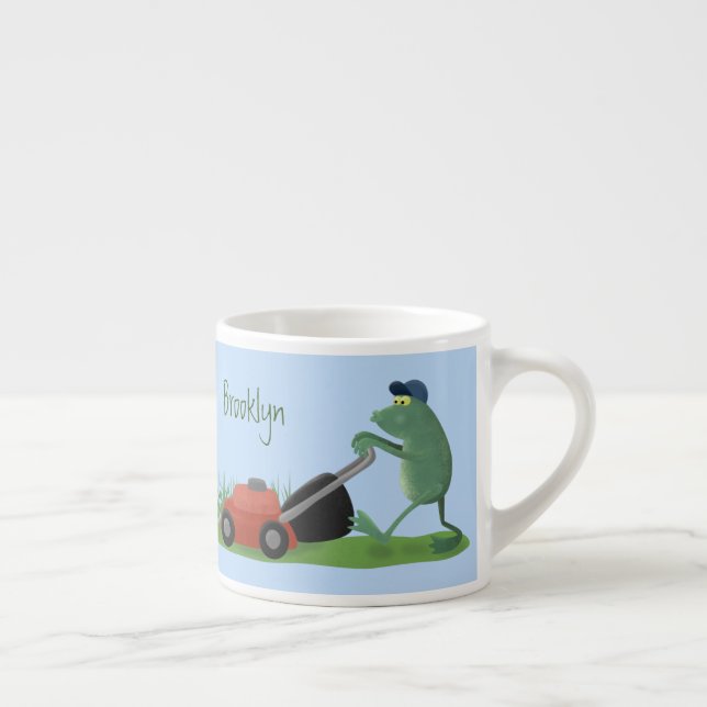 Funny green frog mowing lawn cartoon espresso cup (Right)