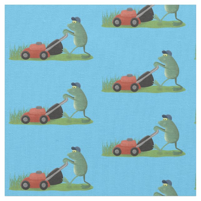 Funny green frog mowing lawn cartoon fabric (Close Up)