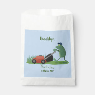 Funny green frog mowing lawn cartoon favour bags