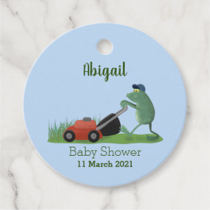 Funny green frog mowing lawn cartoon favour tags