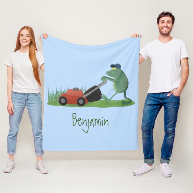 Funny green frog mowing lawn cartoon fleece blanket (In Situ)