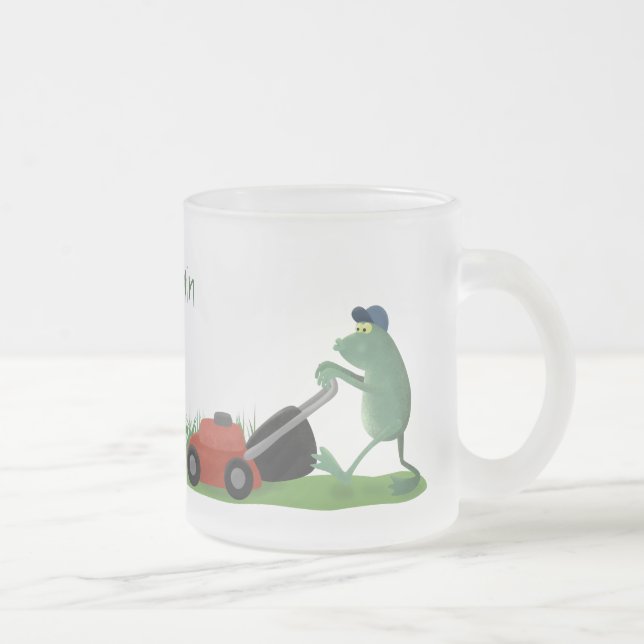 Funny green frog mowing lawn cartoon frosted glass coffee mug (Right)