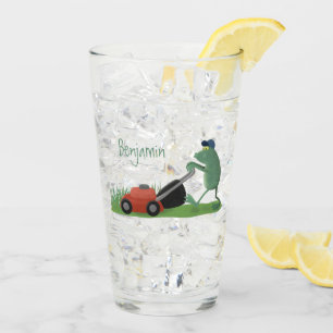 Funny green frog mowing lawn cartoon glass