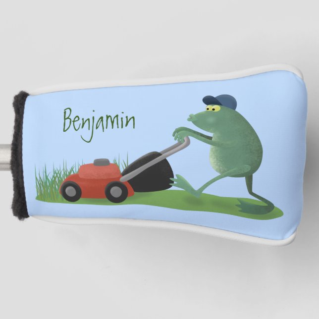 Funny green frog mowing lawn cartoon golf head cover (Front)
