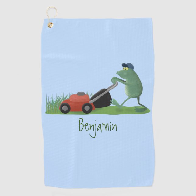 Funny green frog mowing lawn cartoon  golf towel (Front)