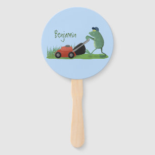 Funny green frog mowing lawn cartoon hand fan