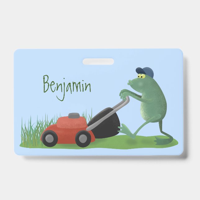 Funny green frog mowing lawn cartoon ID badge (Front)