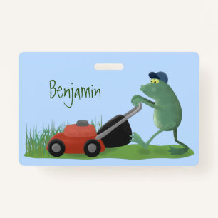 Funny green frog mowing lawn cartoon ID badge