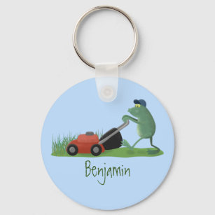 Funny green frog mowing lawn cartoon key ring