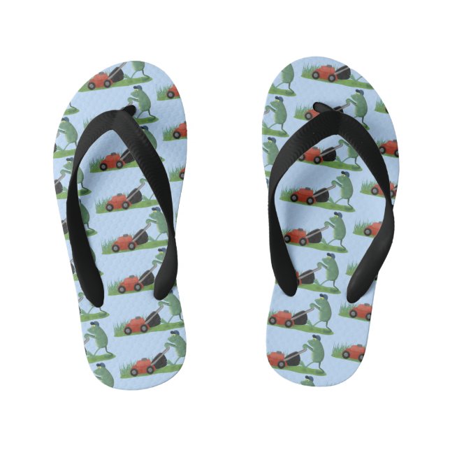 Funny green frog mowing lawn cartoon kid's flip flops (Footbed)