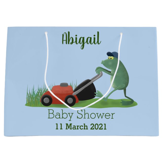 Funny green frog mowing lawn cartoon large gift bag (Front)
