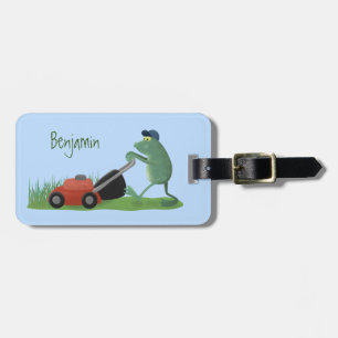 Funny green frog mowing lawn cartoon luggage tag
