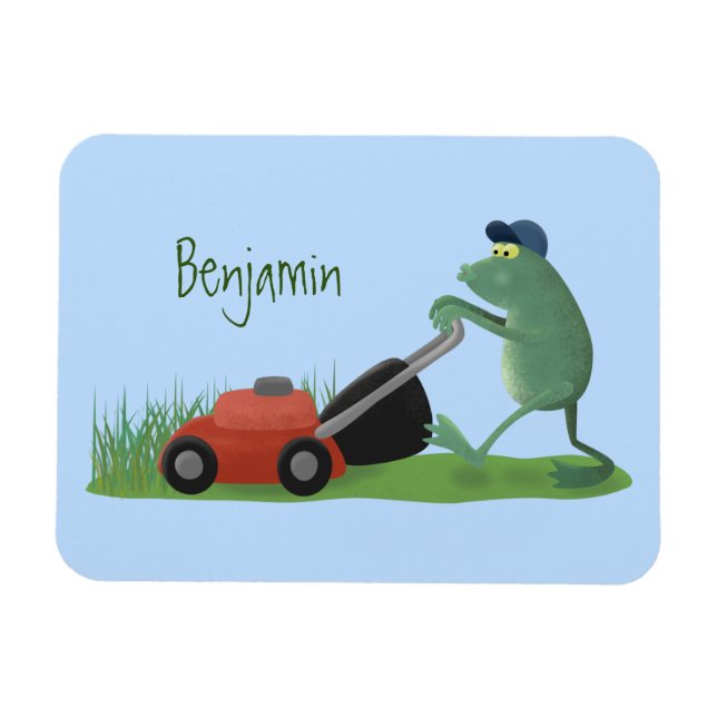 Funny green frog mowing lawn cartoon magnet (Horizontal)