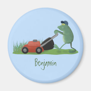 Funny green frog mowing lawn cartoon magnet