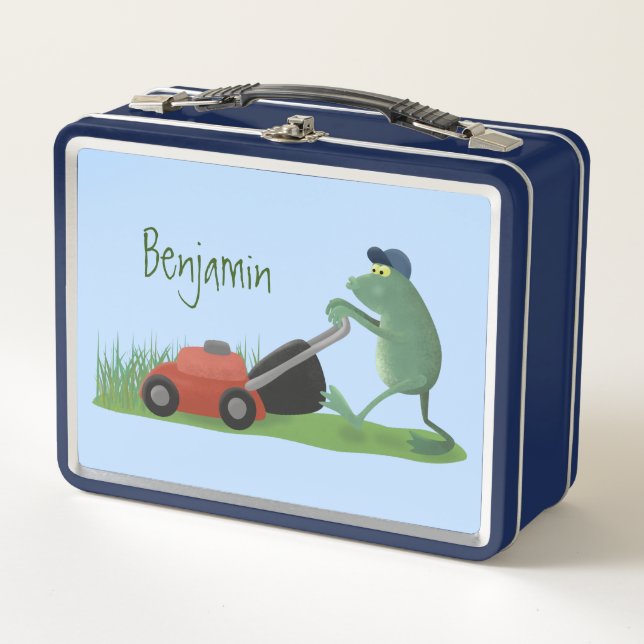 Funny green frog mowing lawn cartoon metal lunch box (Front)