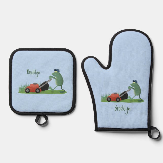 Funny green frog mowing lawn cartoon oven mitt & pot holder set (Front)