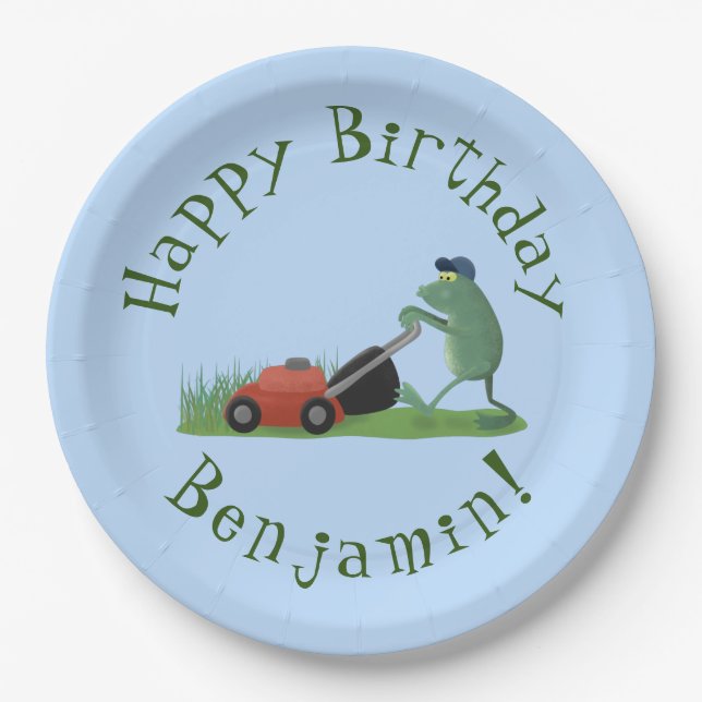 Funny green frog mowing lawn cartoon paper plate (Front)