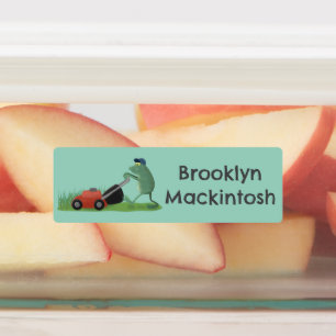 Funny green frog mowing lawn cartoon personalised