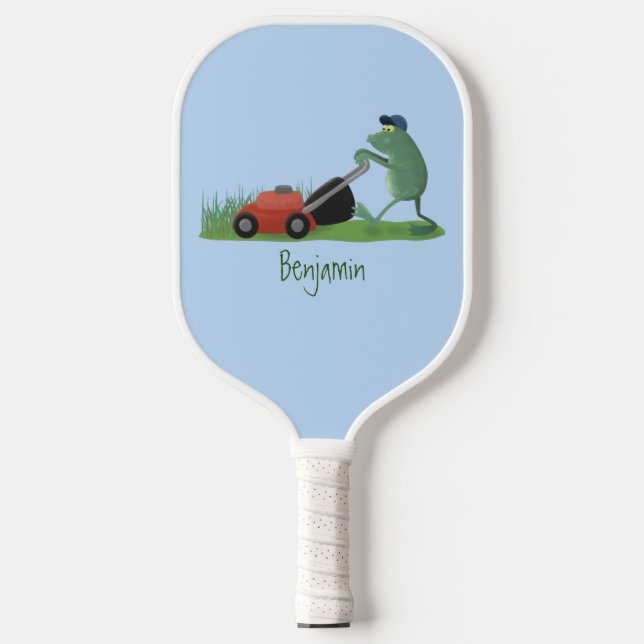 Funny green frog mowing lawn cartoon pickleball paddle (Front)