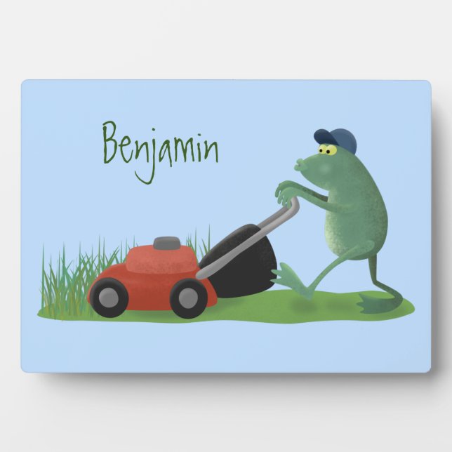 Funny green frog mowing lawn cartoon plaque (Front)