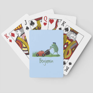 Funny green frog mowing lawn cartoon playing cards