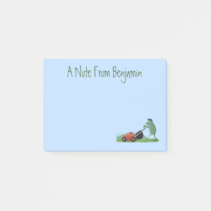 Funny green frog mowing lawn cartoon post-it notes