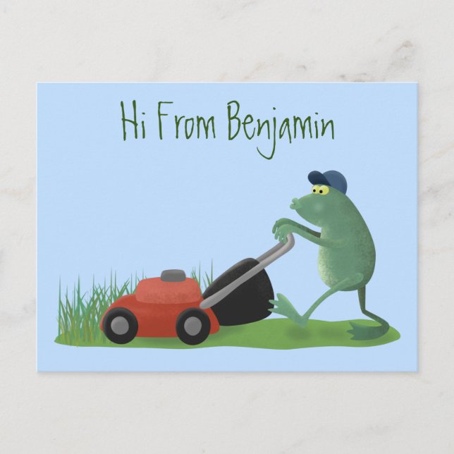 Funny green frog mowing lawn cartoon postcard (Front)