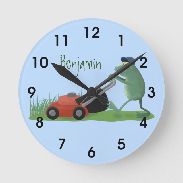 Funny green frog mowing lawn cartoon round clock (Front)