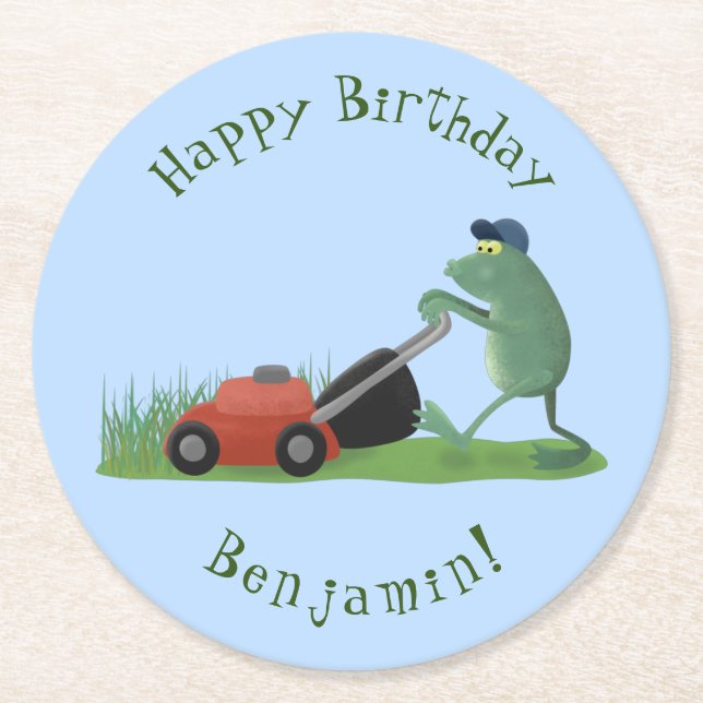 Funny green frog mowing lawn cartoon round paper coaster (Front)