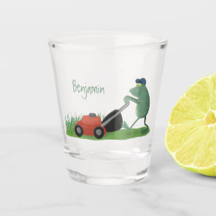 Funny green frog mowing lawn cartoon shot glass
