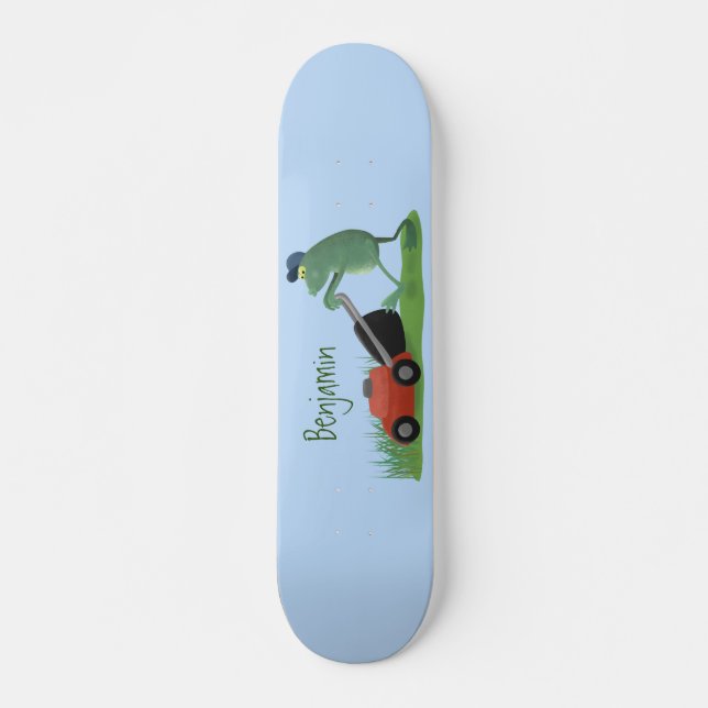 Funny green frog mowing lawn cartoon skateboard (Front)