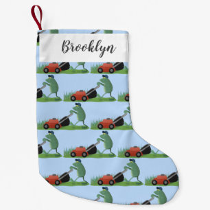 Funny green frog mowing lawn cartoon small christmas stocking