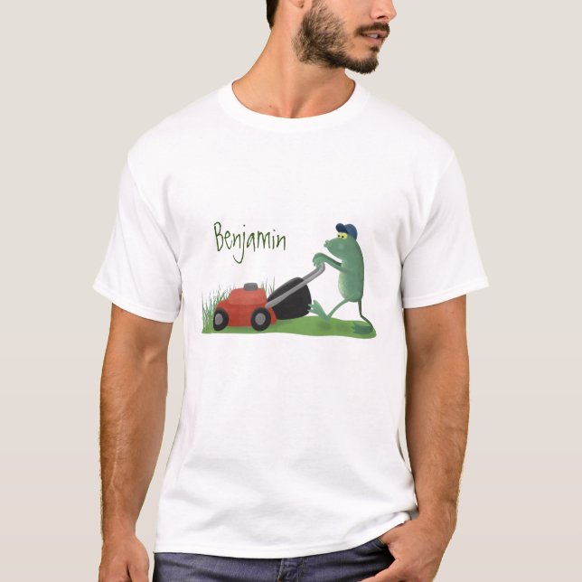 Funny green frog mowing lawn cartoon T-Shirt (Front)