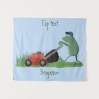 Funny green frog mowing lawn cartoon