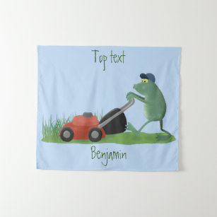 Funny green frog mowing lawn cartoon  tapestry