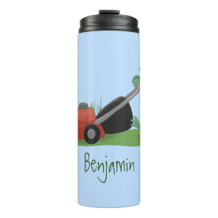 Funny green frog mowing lawn cartoon thermal tumbler