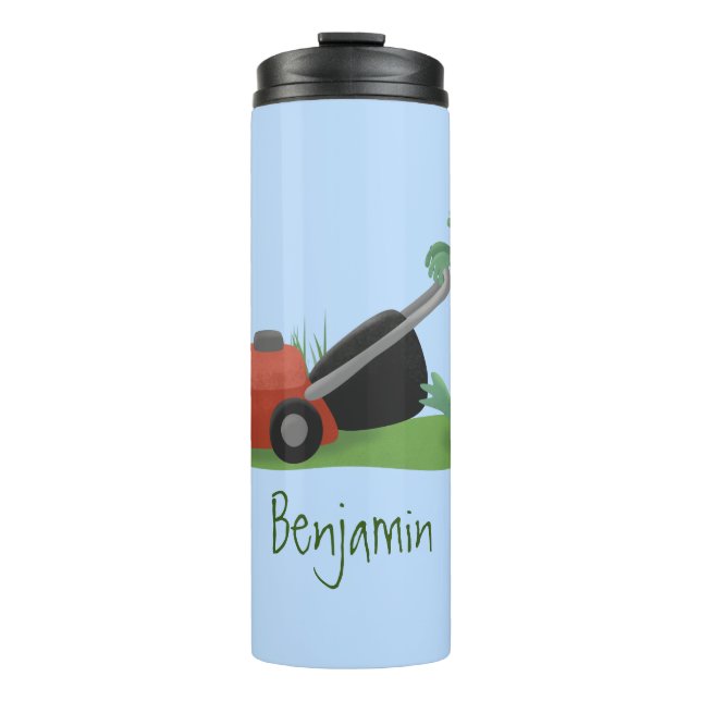 Funny green frog mowing lawn cartoon thermal tumbler (Front)