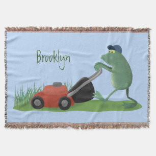 Funny green frog mowing lawn cartoon throw blanket