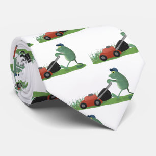 Funny green frog mowing lawn cartoon tie