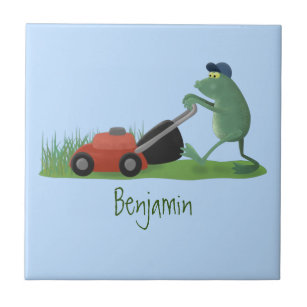 Funny green frog mowing lawn cartoon tile