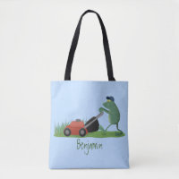 Funny green frog mowing lawn cartoon