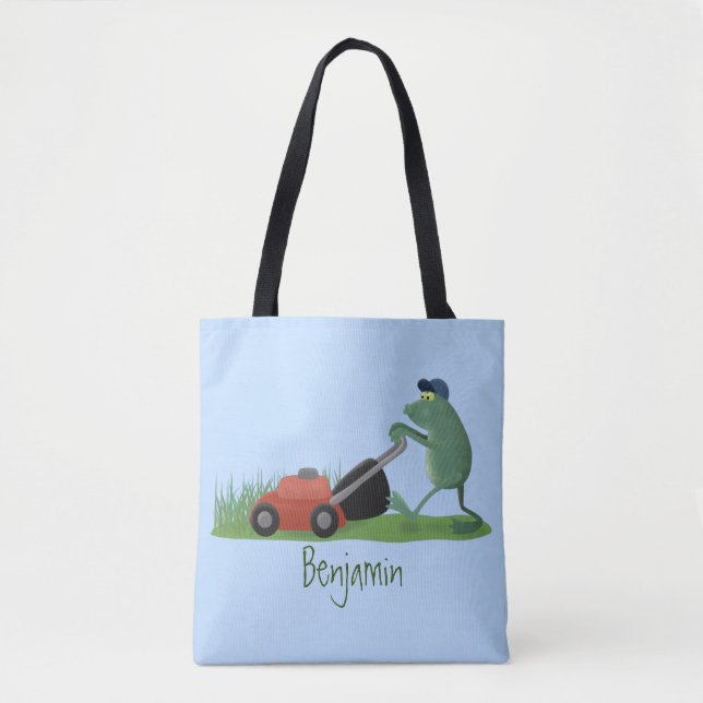Funny green frog mowing lawn cartoon tote bag (Front)