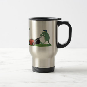 Funny green frog mowing lawn cartoon travel mug