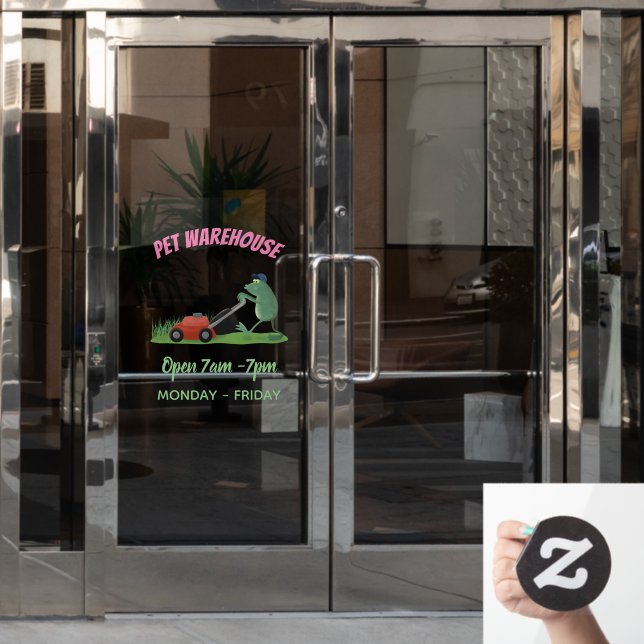 Funny green frog mowing lawn cartoon window cling (Office Door)