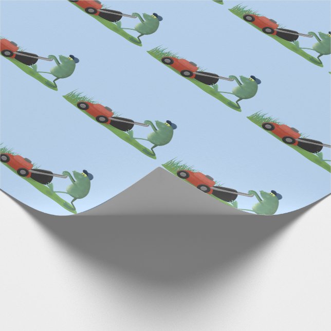 Funny green frog mowing lawn cartoon wrapping paper (Corner)